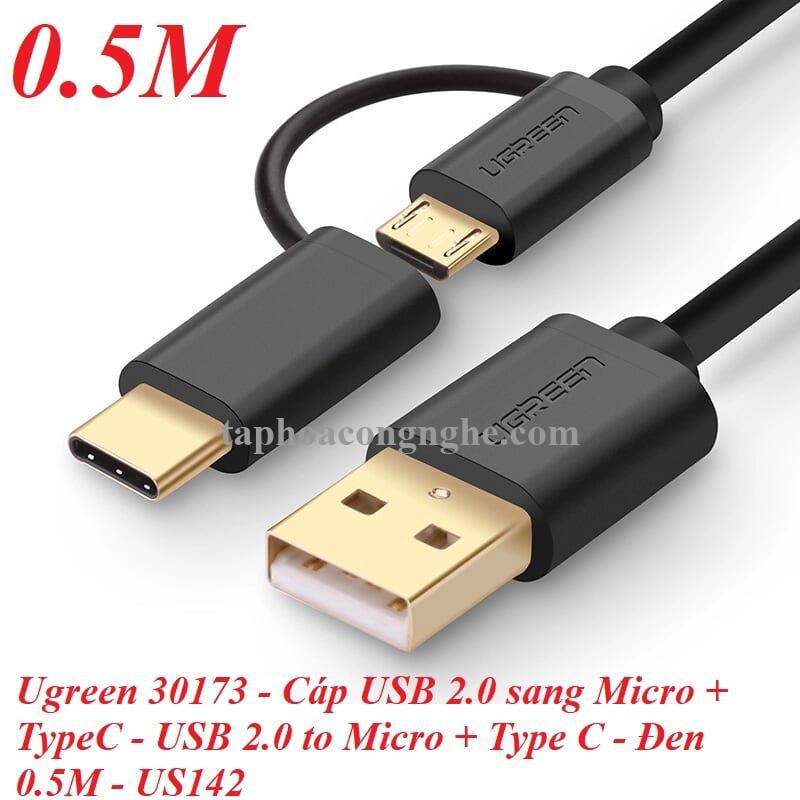 Ugreen 30173 0.5M màu Đen Thiết bị chuyển đổi USB 2.0 sang type-C và micro USB US142 30030173